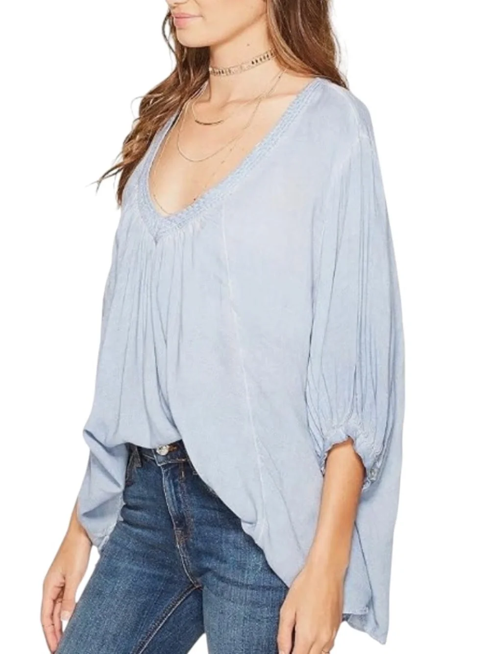 FREE PEOPLE CATCH ME IF YOU CAN LIGHT BLUE OVERSIZED SWING BOHO PEASANT BLOUSE
